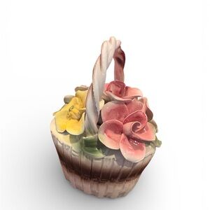 Vintage Capodimonte Porcelain Flowers In Round Basket, Made In Italy